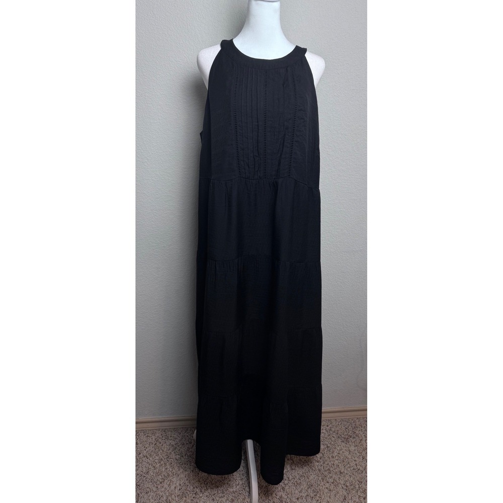J.Jill Black Pintuck Tiered Maxi Dress Halter Neck Rayon Blend Large NEW